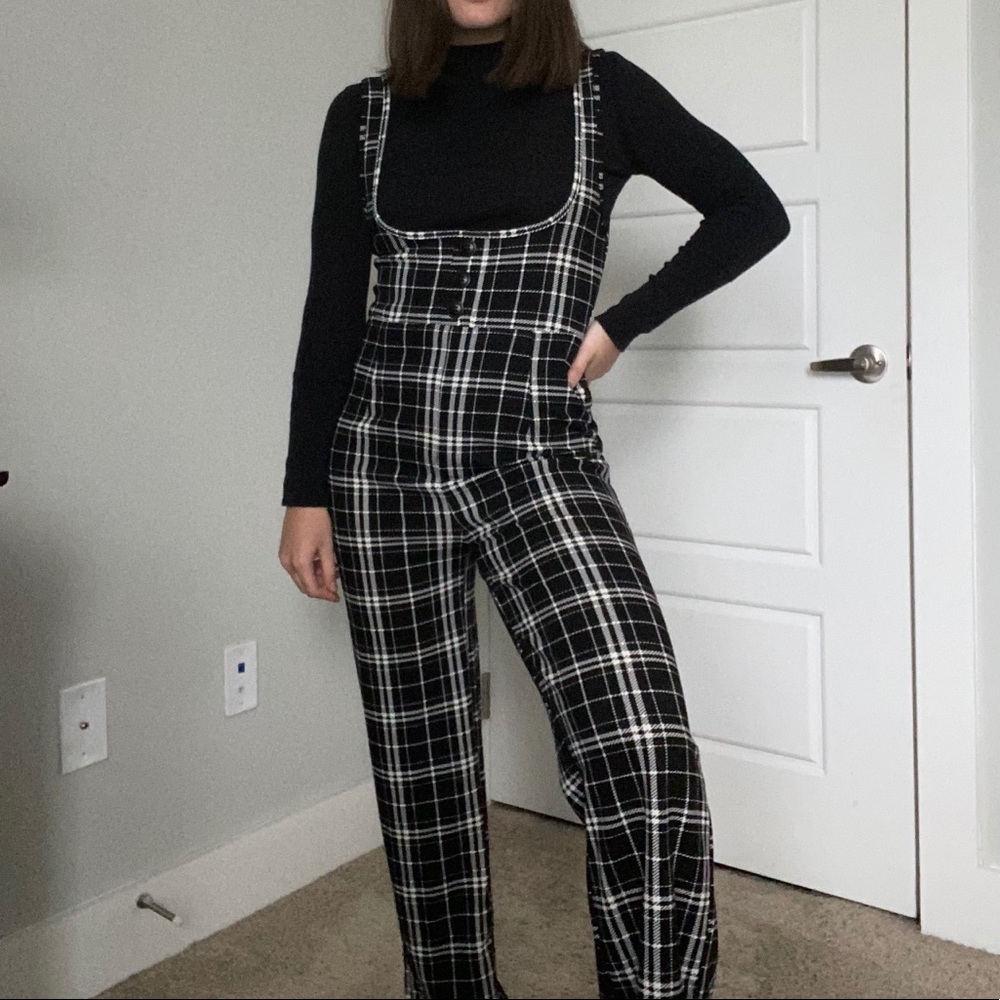 Black and white grid pattern overall jumpsuit